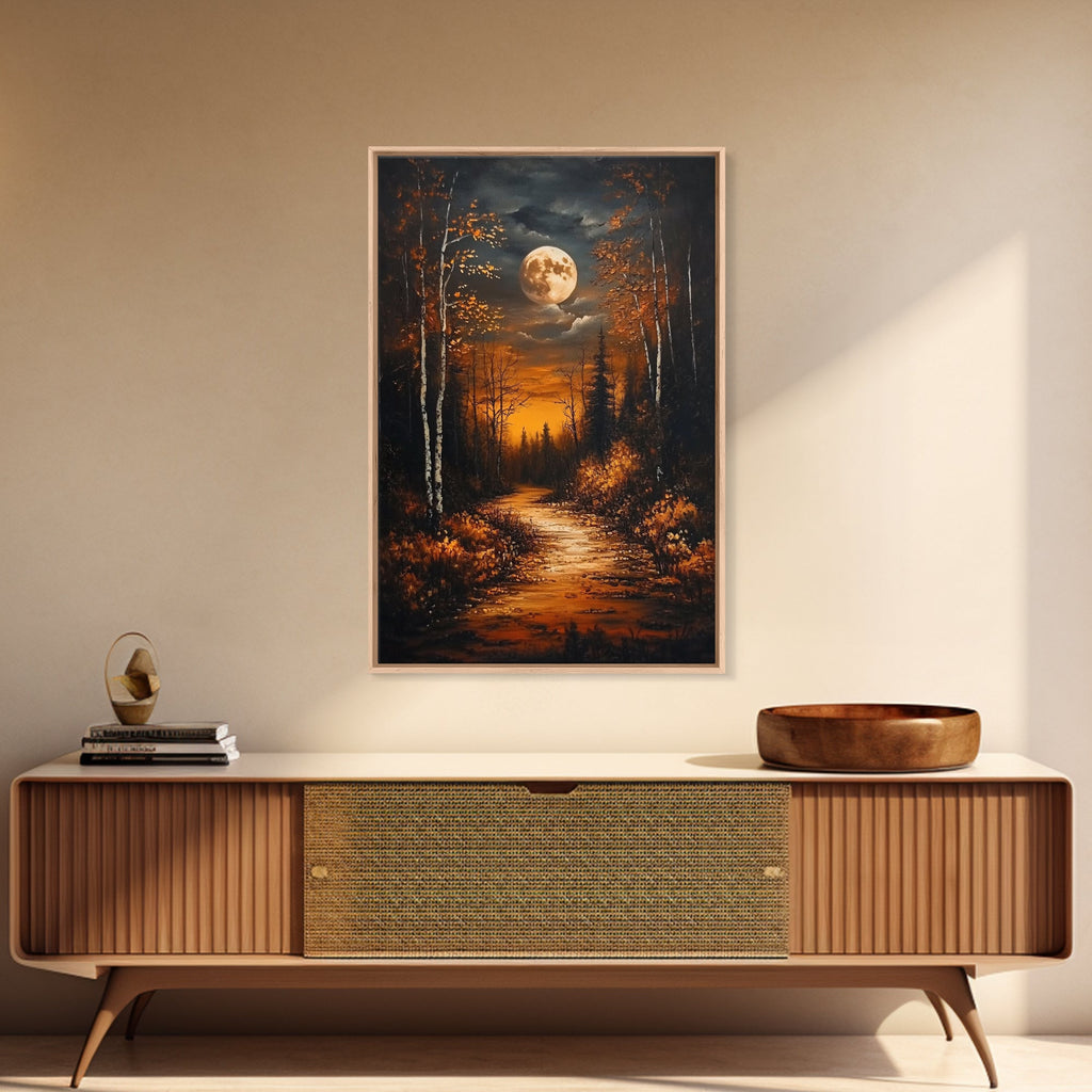 Full Moon Over The Haunted Forest, Framed Canvas Print, Wood Framed Wall Art, Dark Academia Witchy Decor, Moody Home Decor